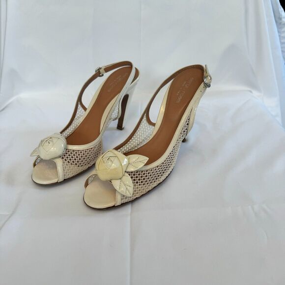 Sergio Rossi Women's Off White Patent Leather Slingback Floral Sandal Size 9 - Picture 3 of 9